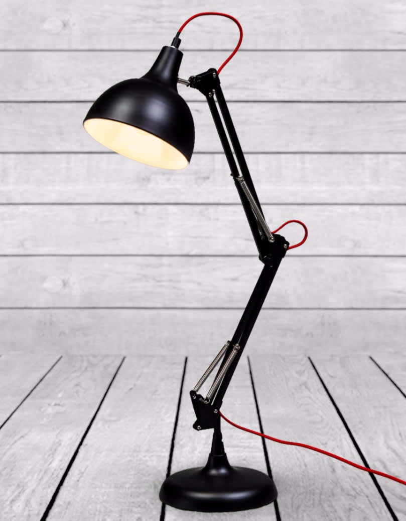 Matt Black Traditional Desk Lamp (Red Fabric Flex) - CL83