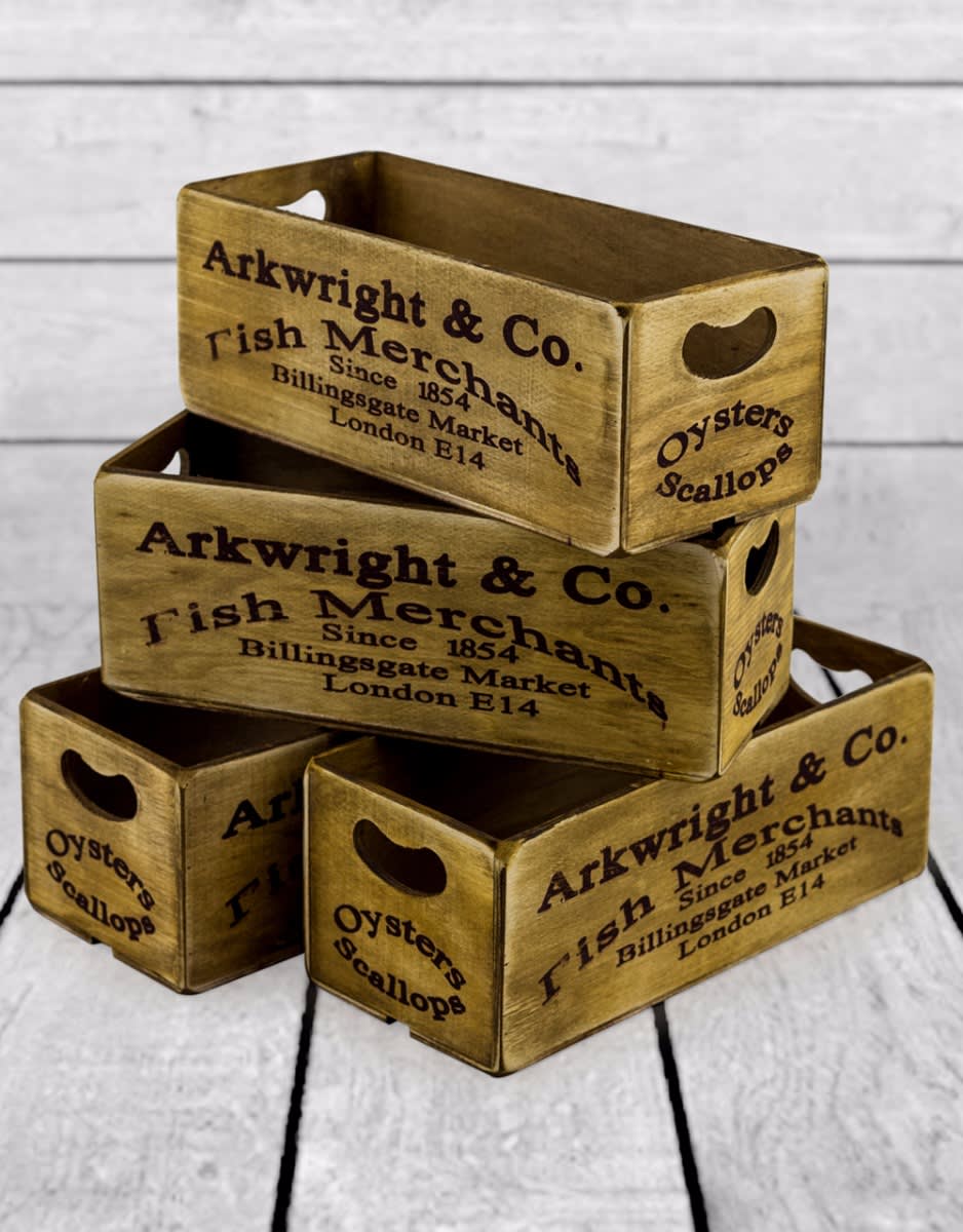 Set of 4 Antiqued "Billingsgate Market" Wooden Boxes - FC28