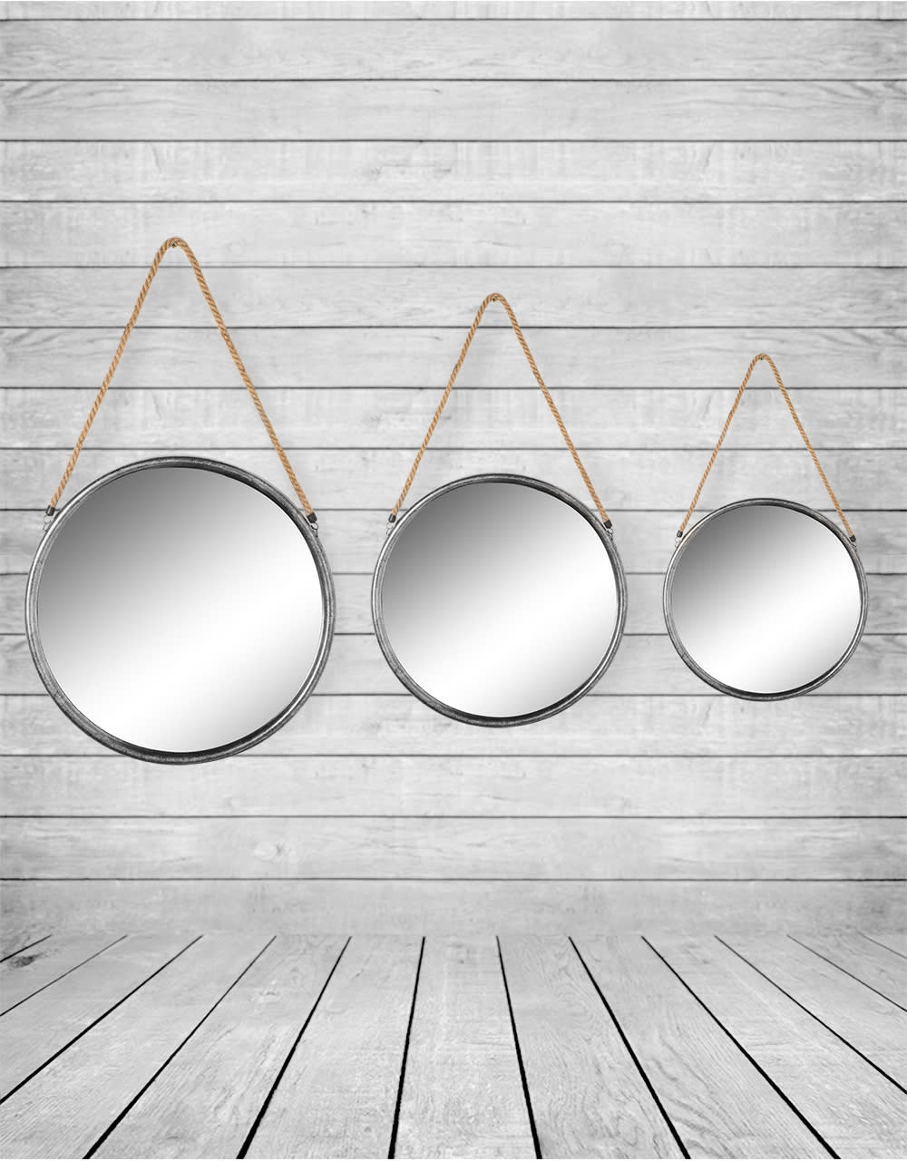 Medium Round Silver/Champagne Metal Mirror on Hanging Rope with Hook - JRG15