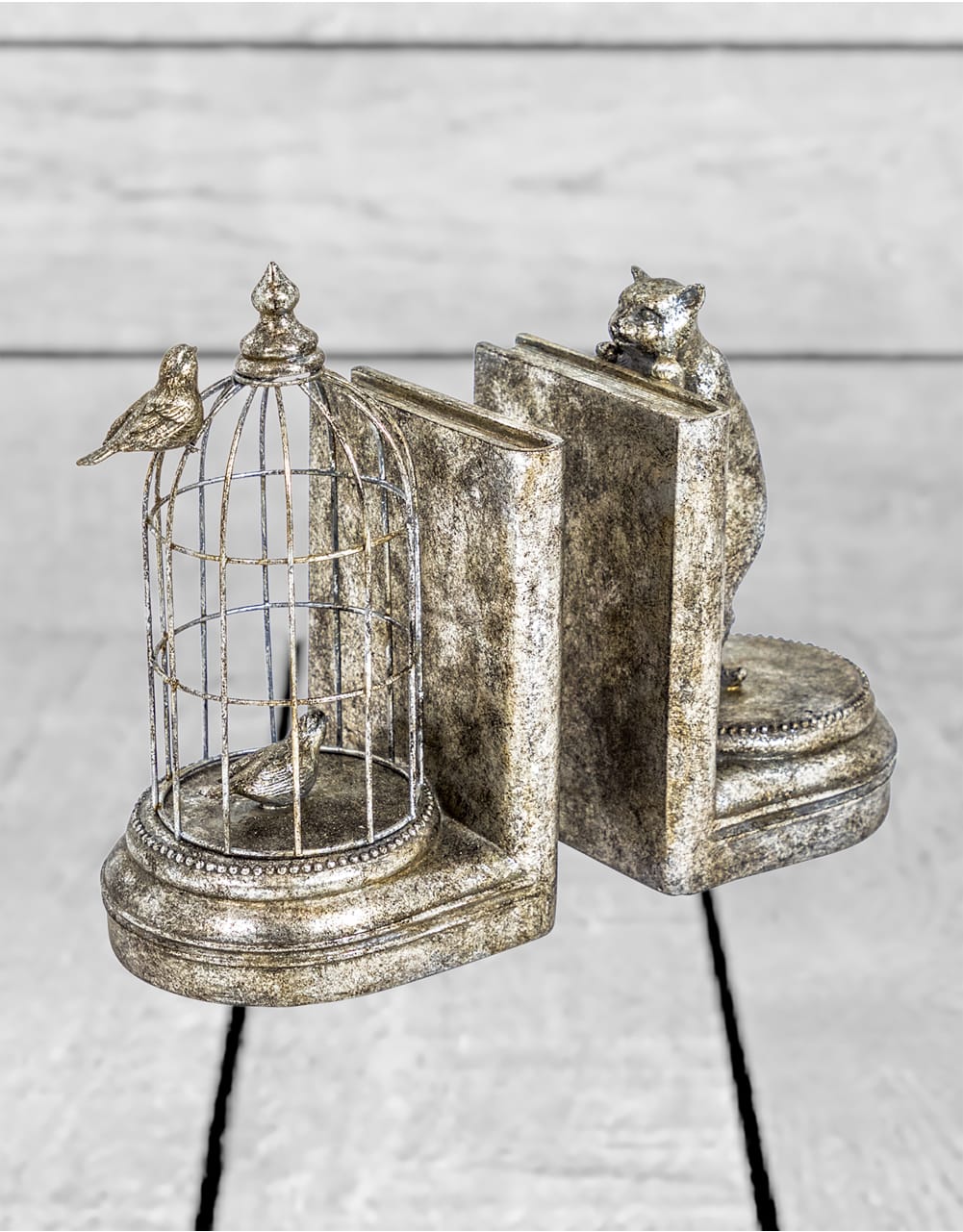 Antique Silver Curious Cat Pair of Bookends - TL96
