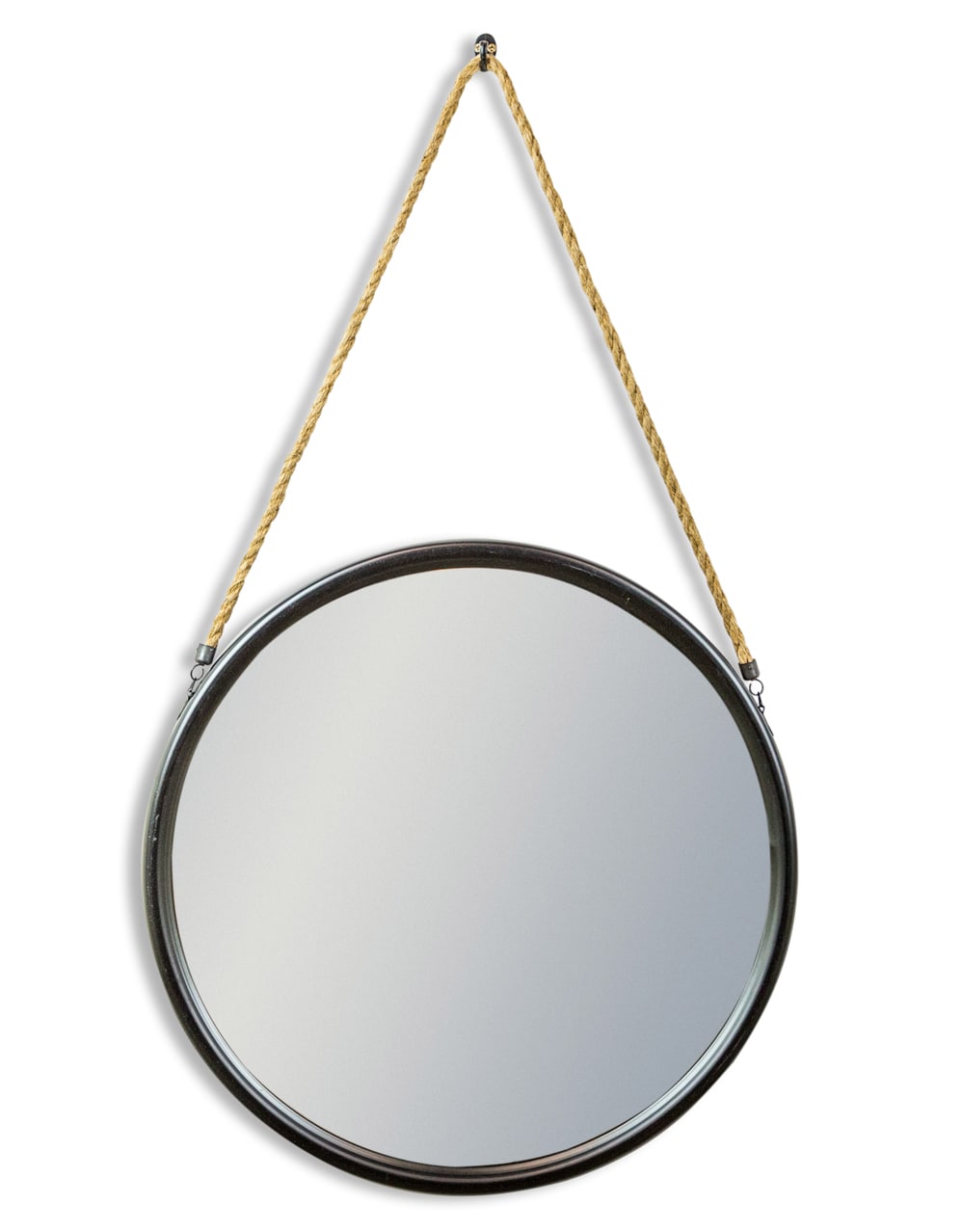 Large Round Black Metal Mirror on Hanging Rope with Hook - JRG17