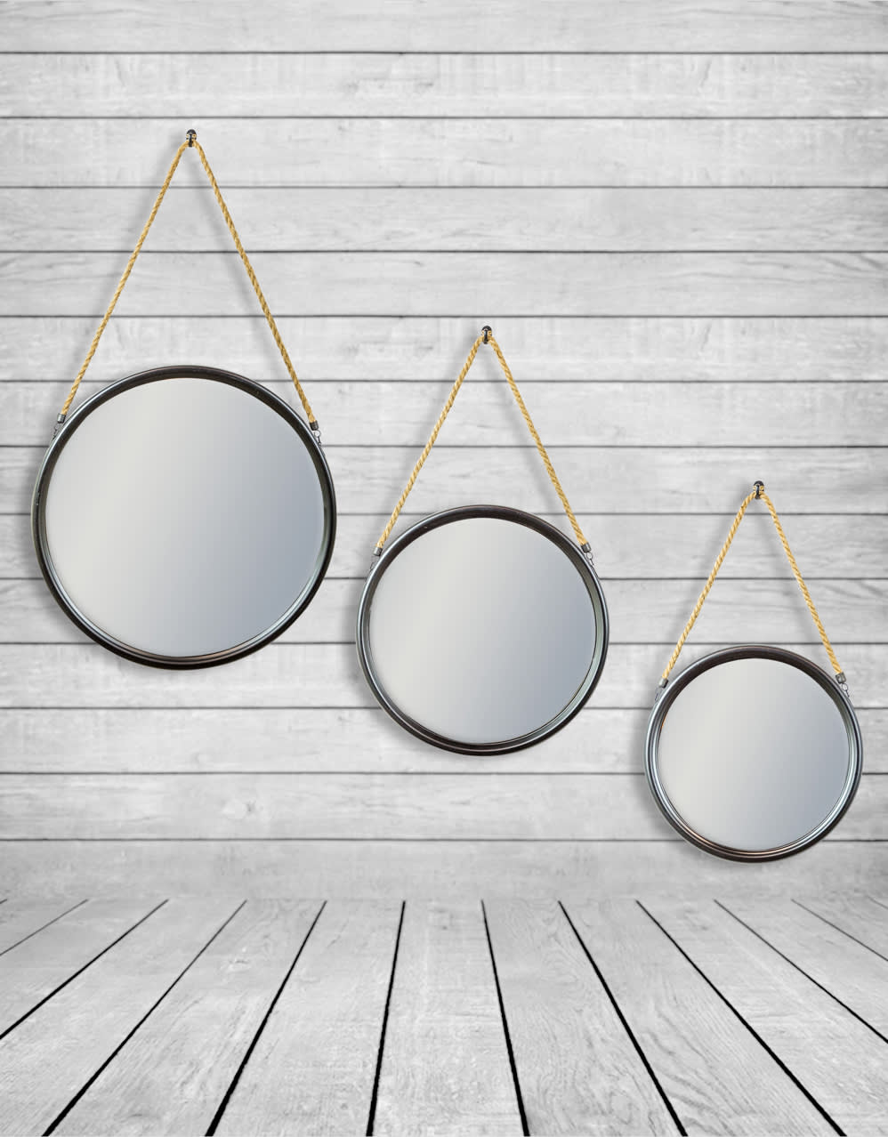Large Round Black Metal Mirror on Hanging Rope with Hook - JRG17