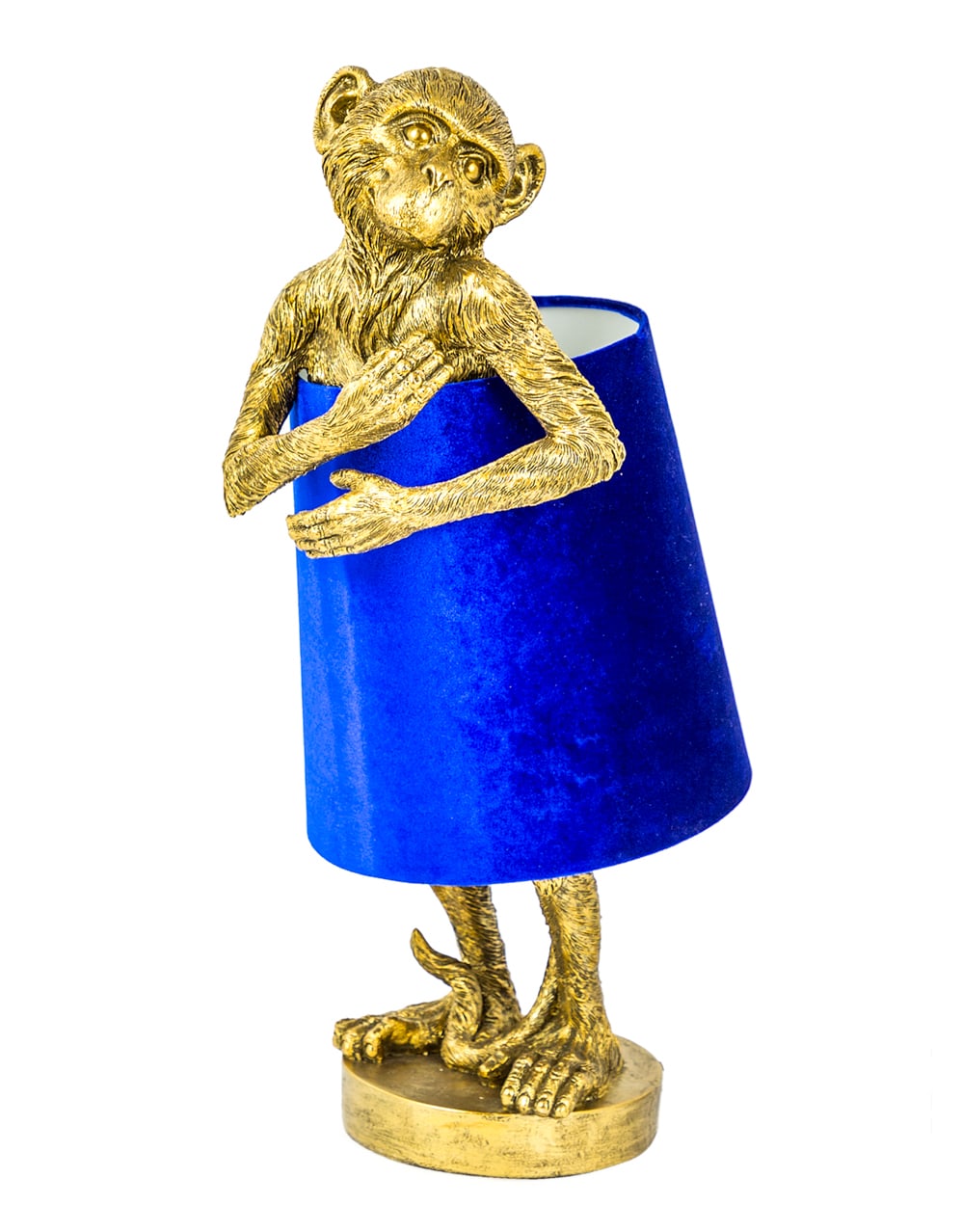 Antique Gold Bashful Monkey Table Lamp with Blue Velvet Shade - TL98