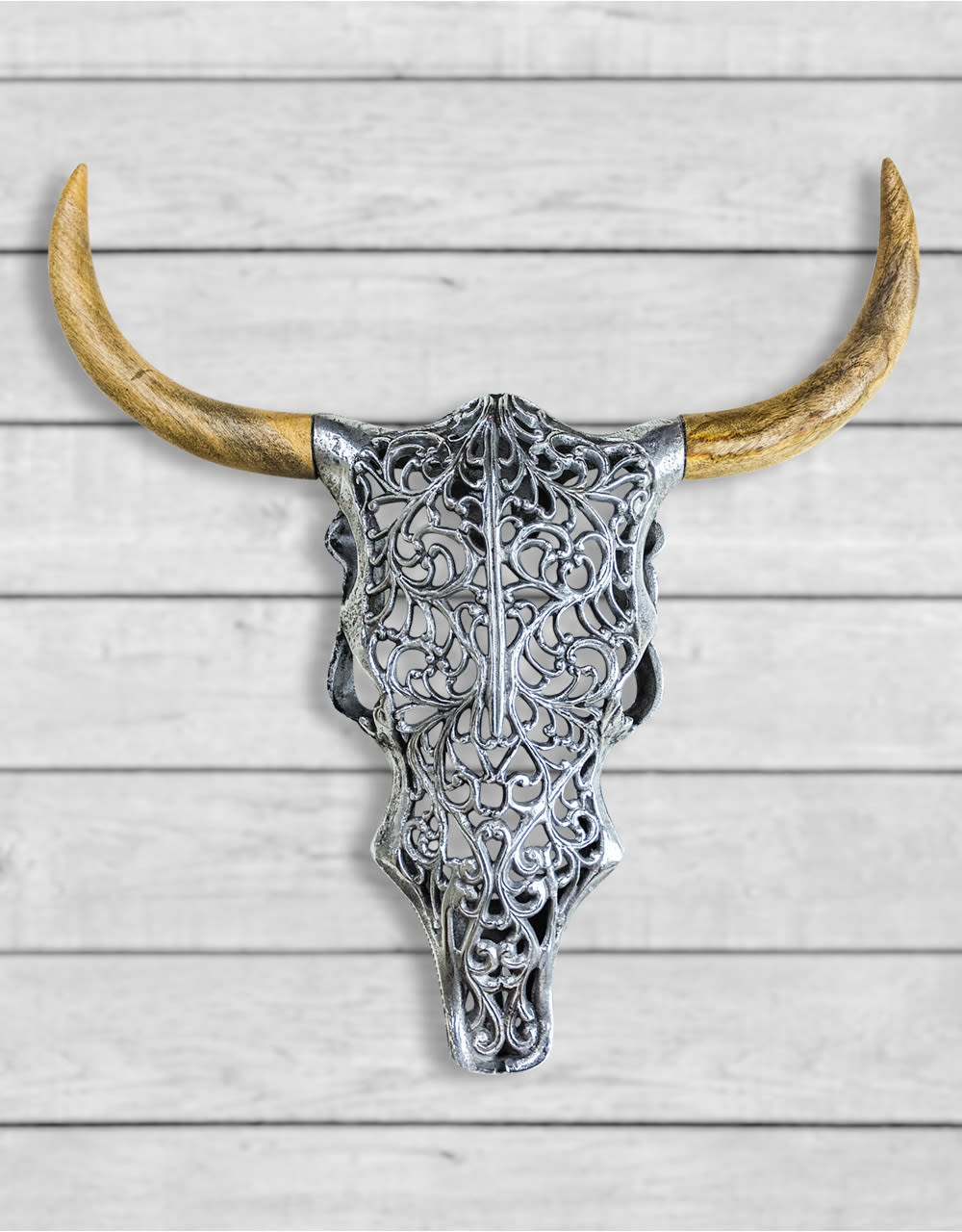 Aluminium and Wood Tribal Bison Wall Head - AL139