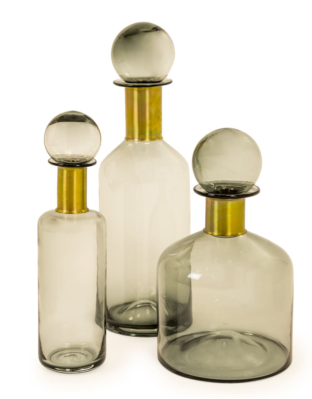 Tall Smoke Grey Glass Apothecary Bottle with Brass Neck - GW90