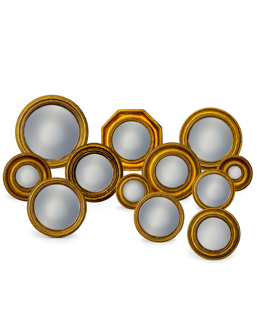 Set of 12 Assorted Antique Gold Framed Convex Mirrors (MK27-MK38) - MK39