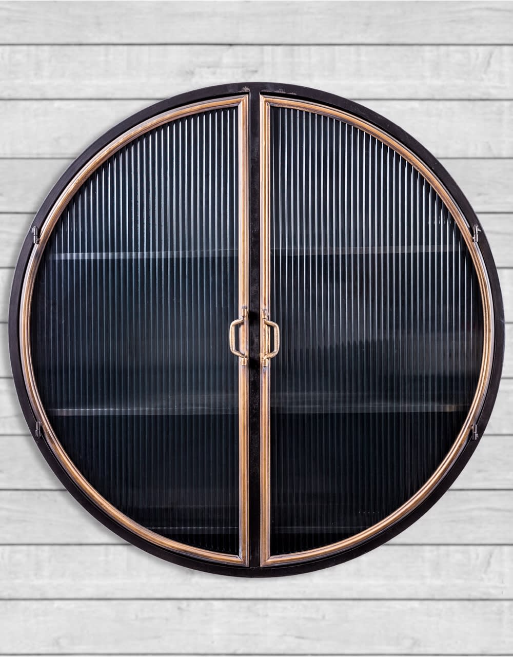 Black and Antique Gold "Orwell" Large Round Metal Wall Cabinet - VRN21
