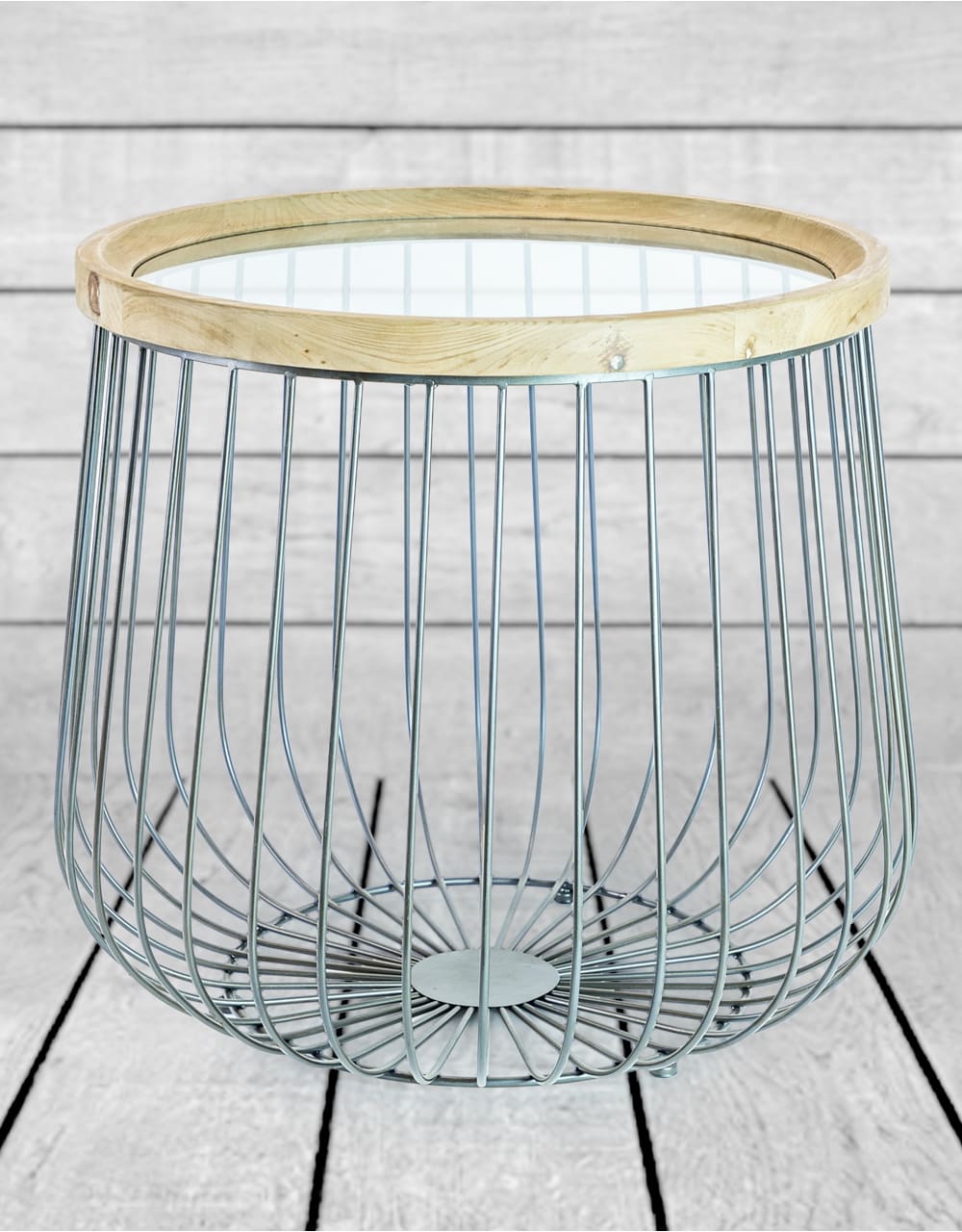 Set of 2 Iron, Wood and Glass Round Side Tables - DTC39