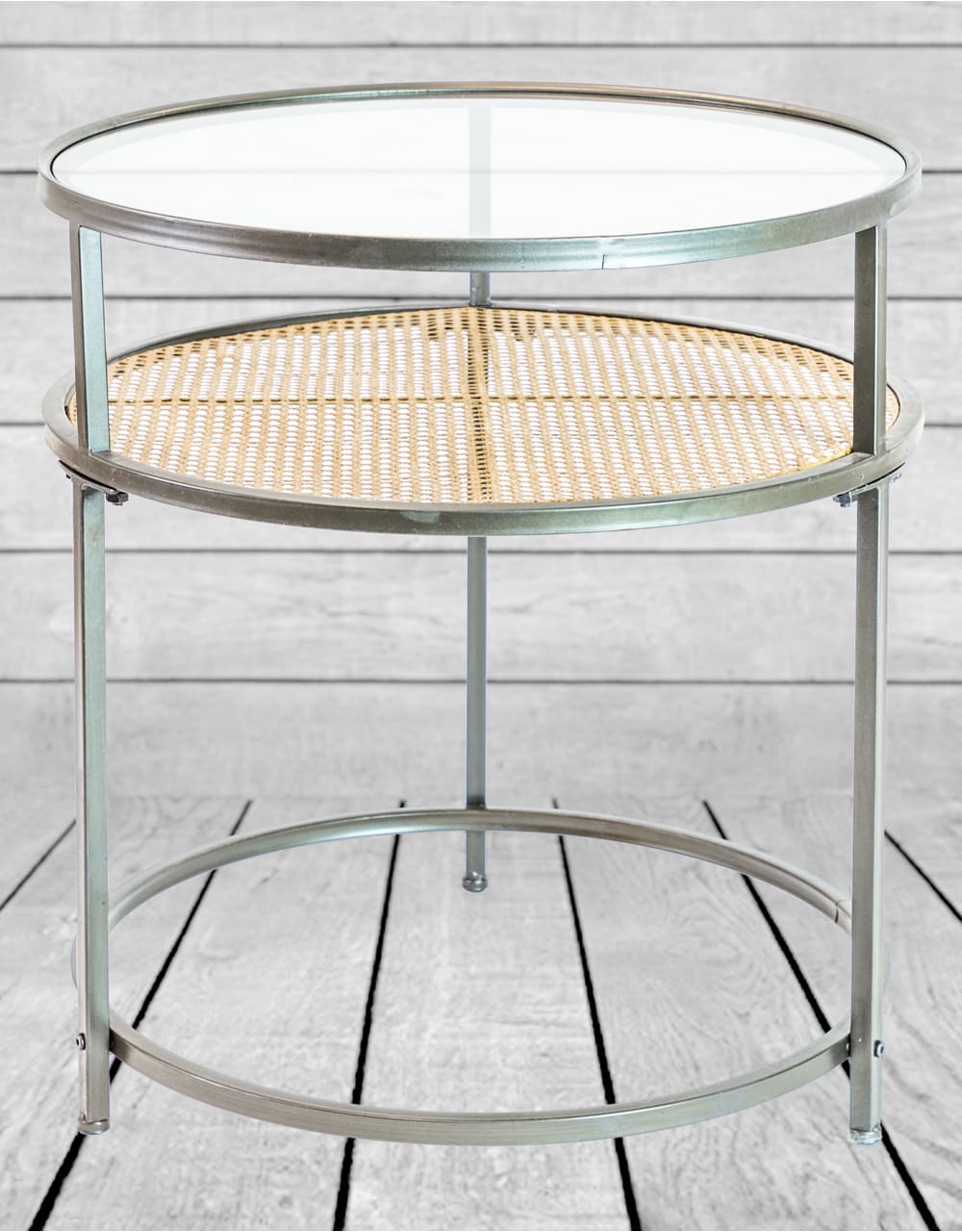 Iron, Glass and Rustic Metal Rattan Set of 2 Round Side Tables - DTC41