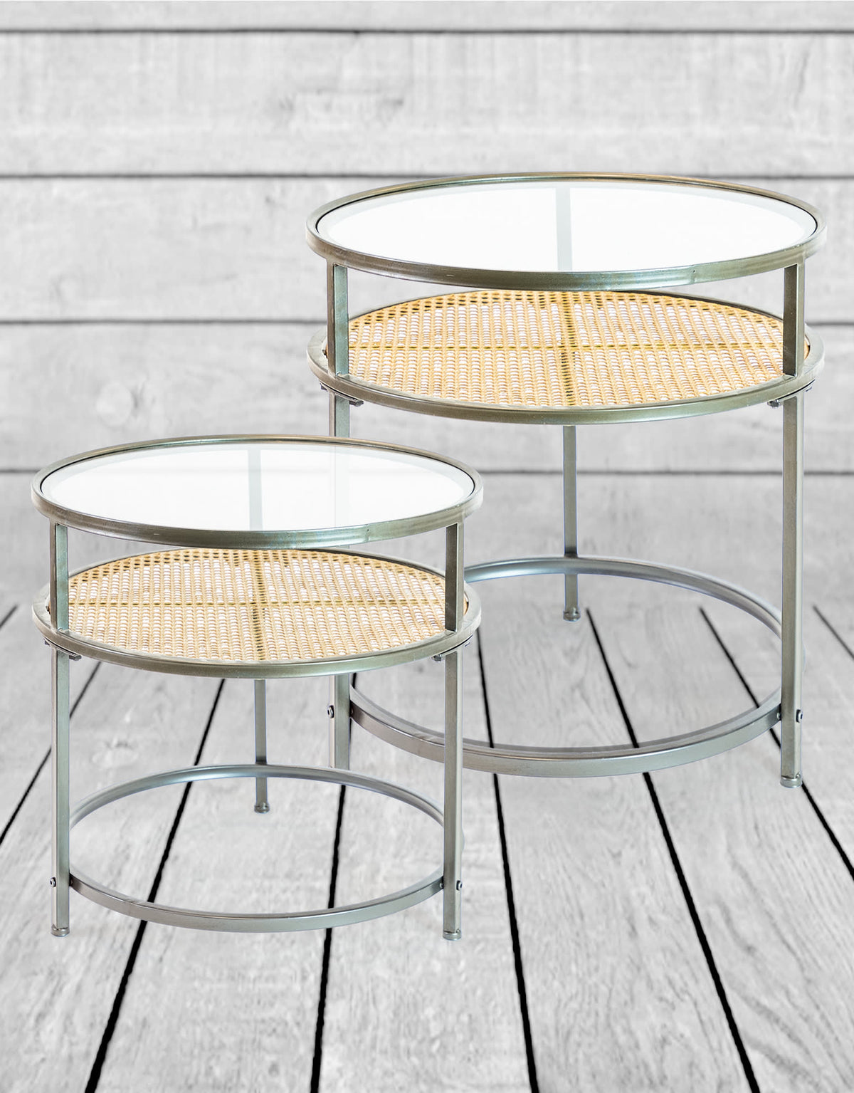 Iron, Glass and Rustic Metal Rattan Set of 2 Round Side Tables - DTC41