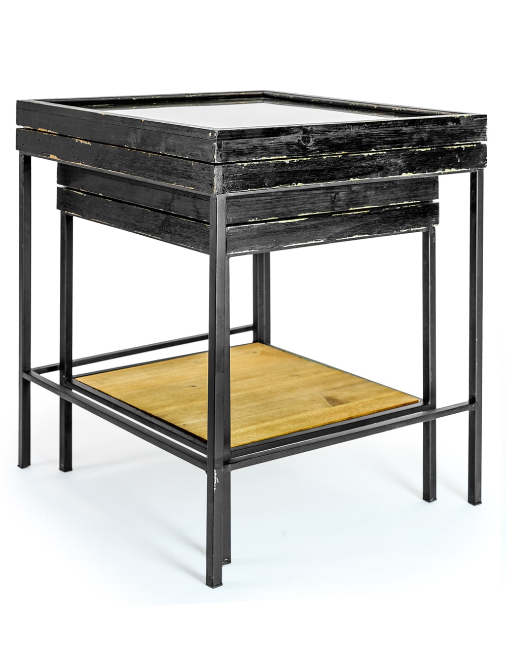 Antiqued Black Wooden Set of 2 Nest Display Side Tables - RFB26