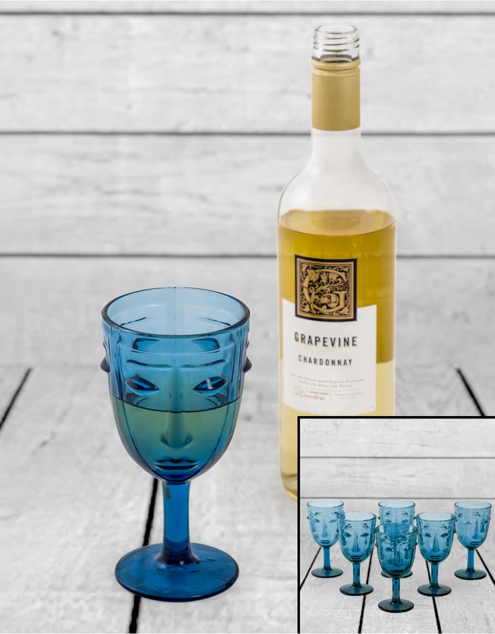 Set of 6 Blue Deco Face Wine Glasses - GW115
