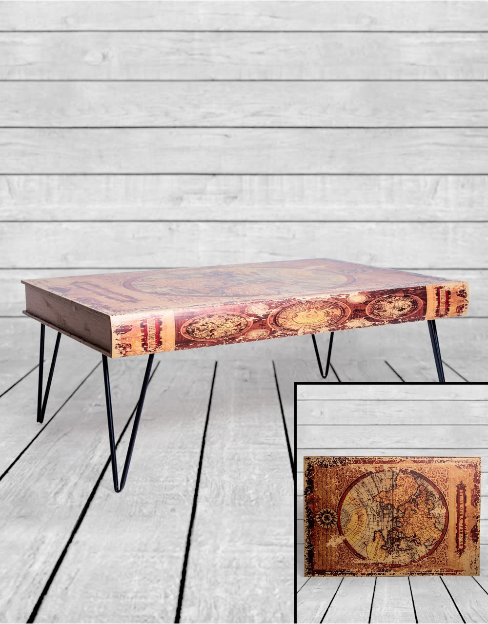 Antiqued Atlas/Book Coffee Table with Hairpin Legs - WB30