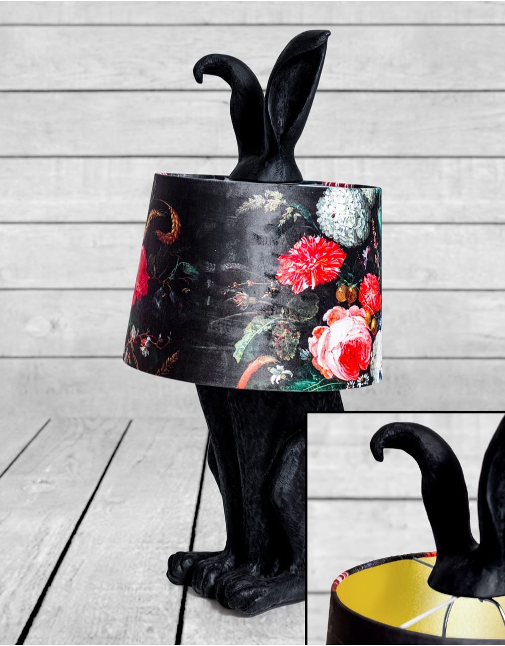 Matt Black Rabbit Ears Lamp with Boho Floral Shade - TL130