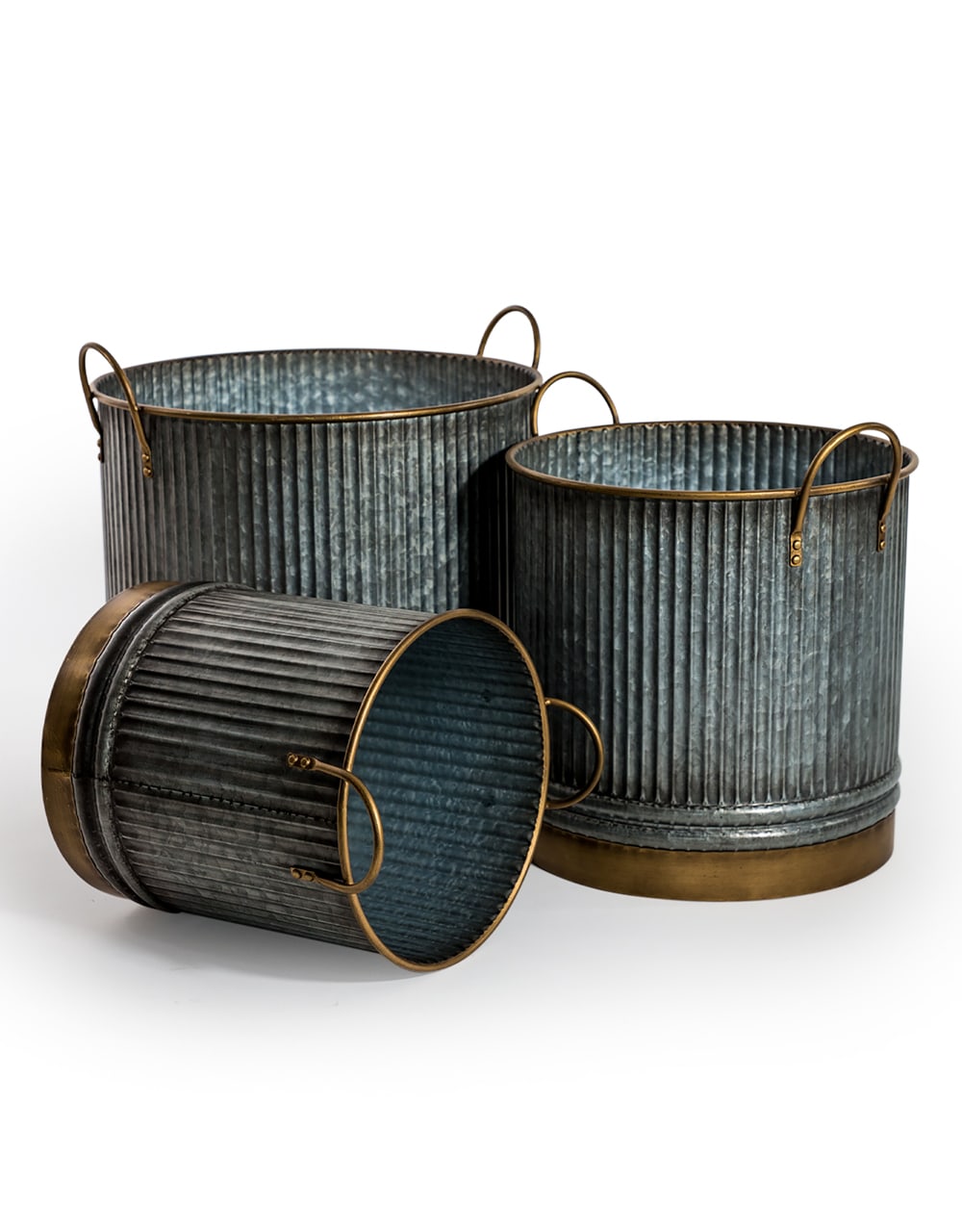 Set of 3 Galvanised with Brass Details Planters - EM133