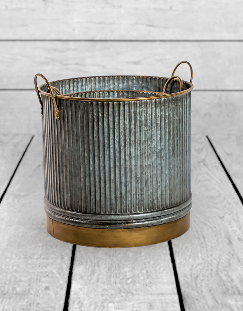 Set of 3 Galvanised with Brass Details Planters - EM133