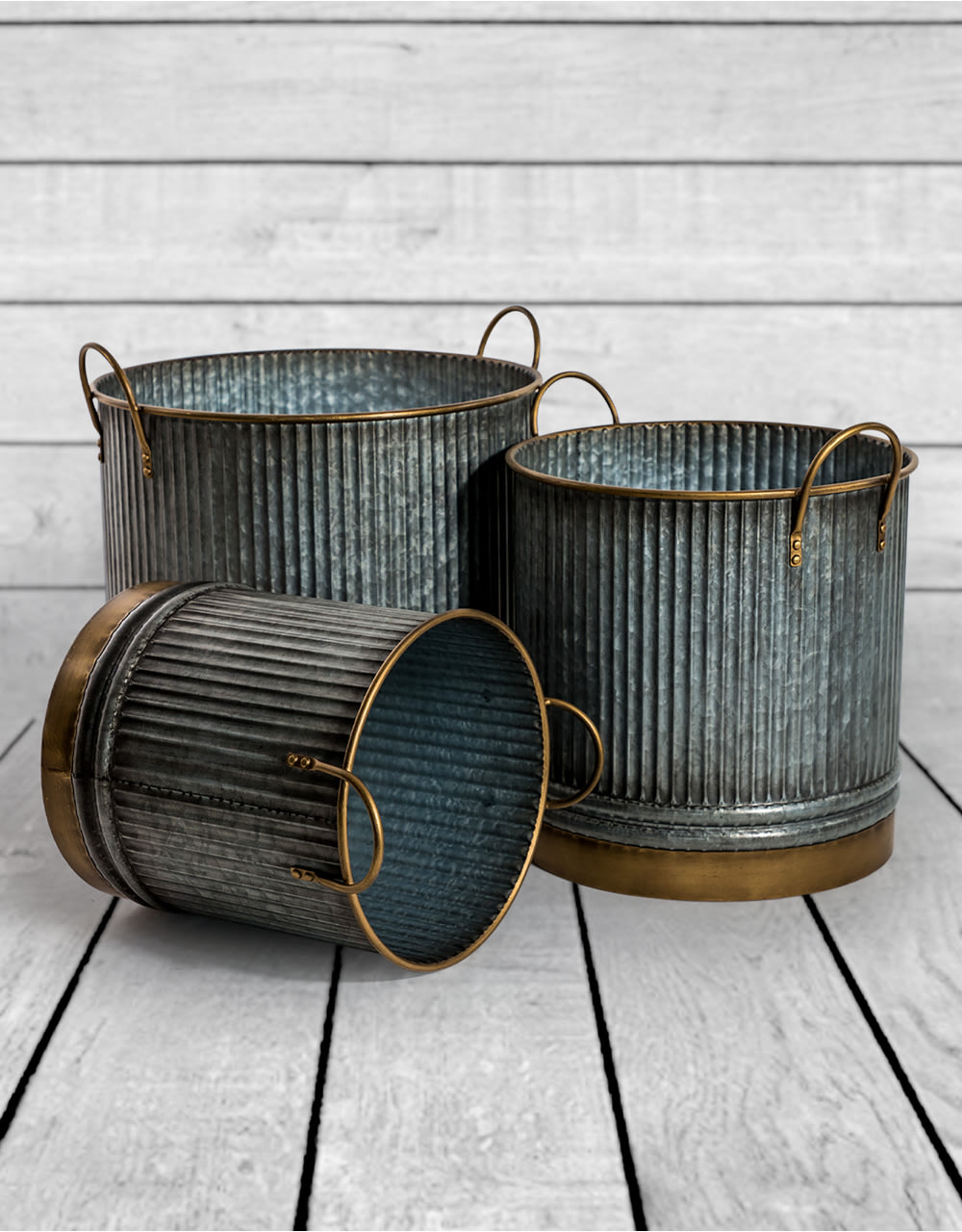 Set of 3 Galvanised with Brass Details Planters - EM133