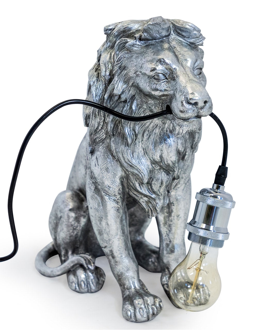 Antique Silver Sitting Lion Table Lamp - TPR87