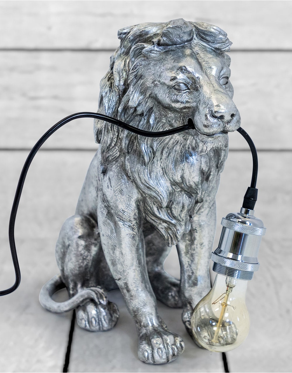 Antique Silver Sitting Lion Table Lamp - TPR87
