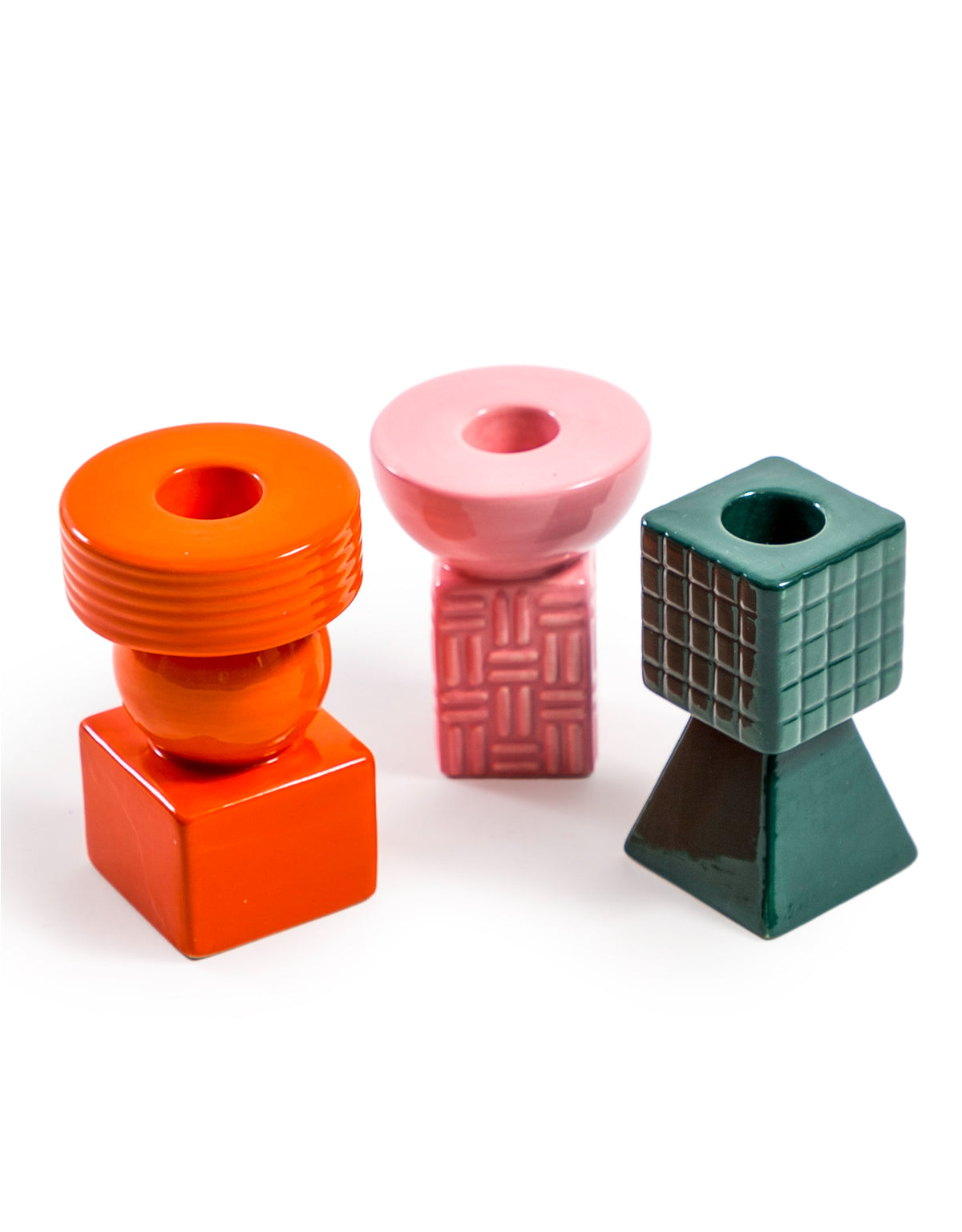 Set of 3 Ceramic Geometric Candle Holders (Orange, Pink, Green) - CRT109