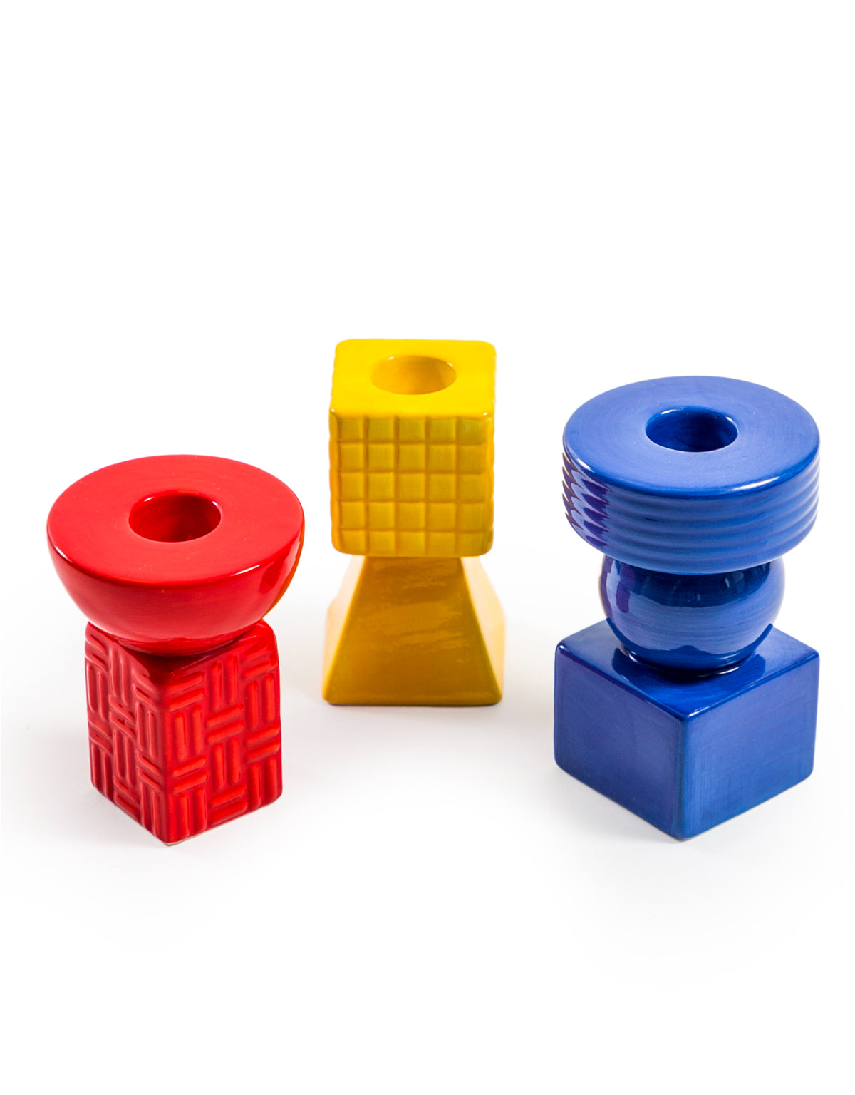 Set of 3 Ceramic Geometric Candle Holders (Blue, Red, Yellow) - CRT110