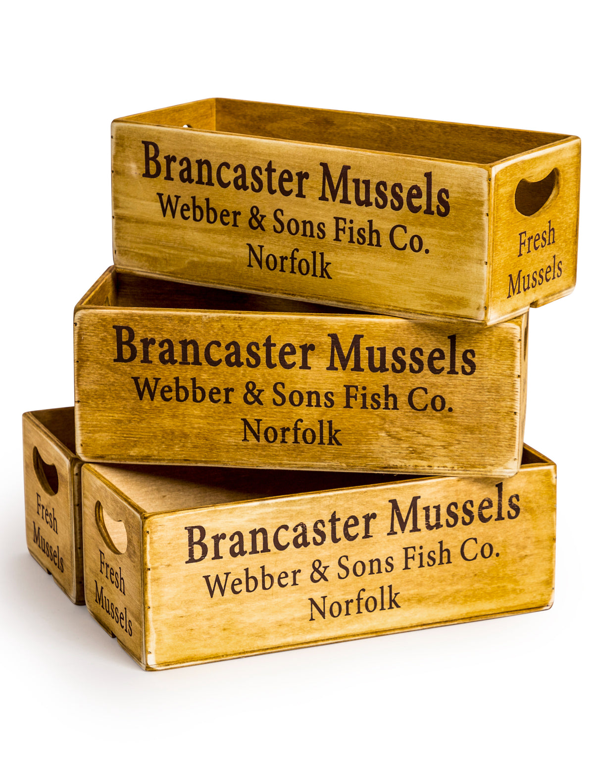 Set of 4 Antiqued "Brancaster Mussels" Wooden Boxes - FC38
