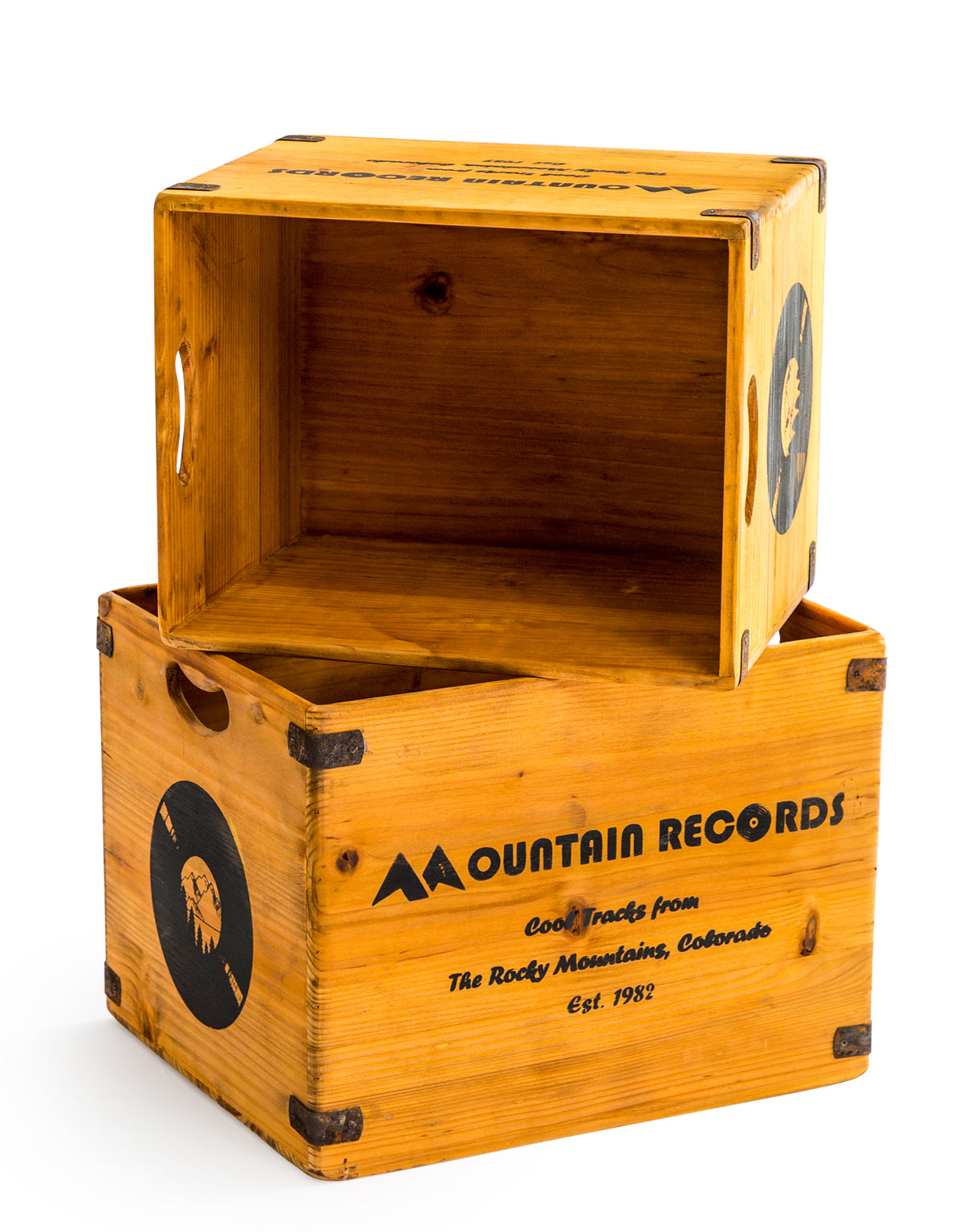 Set of 2 Antiqued Wooden "Mountain Records" LP Record Storage Boxes - FC41