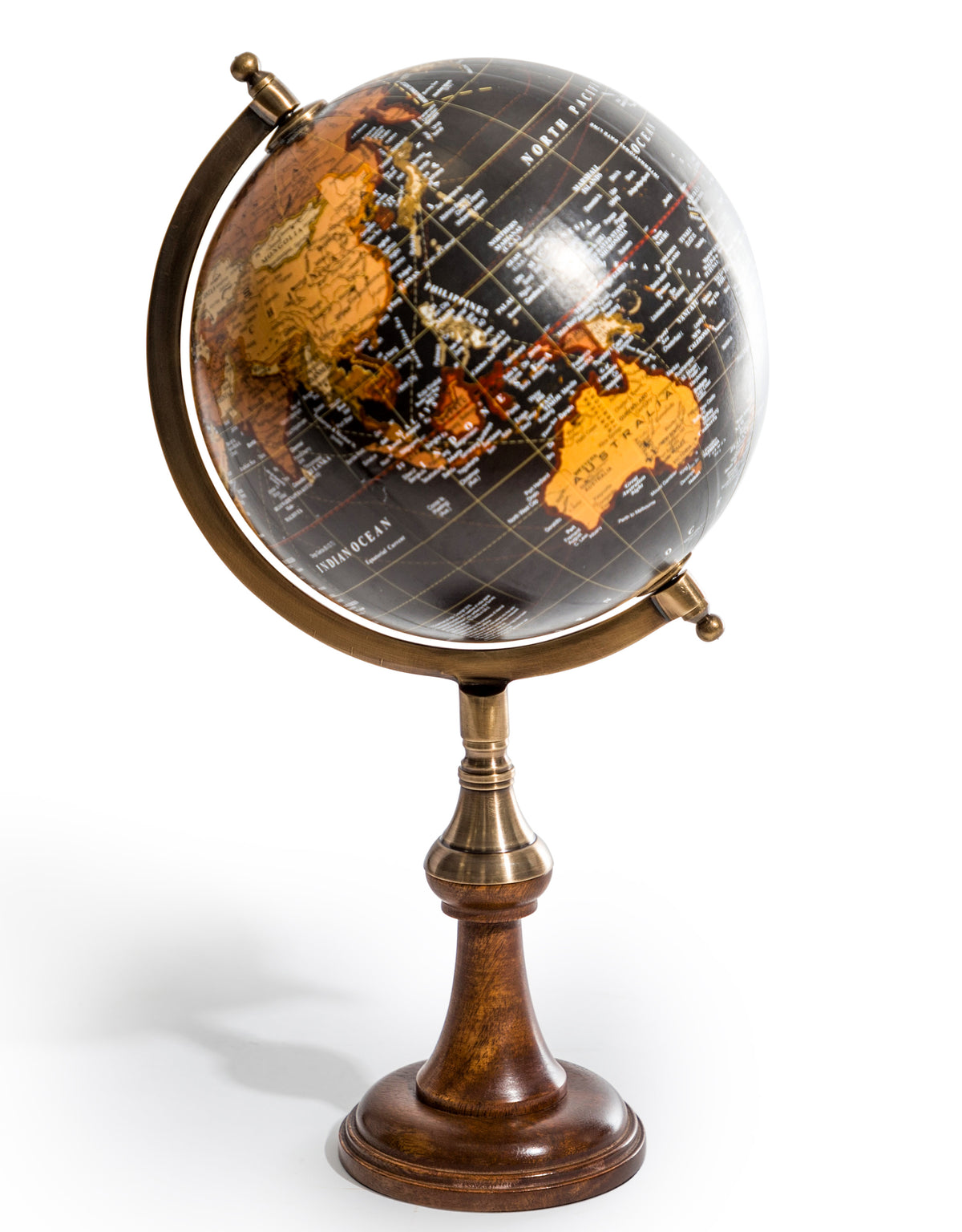 Antique Black Globe on Brass & Wood Stand - FMH29