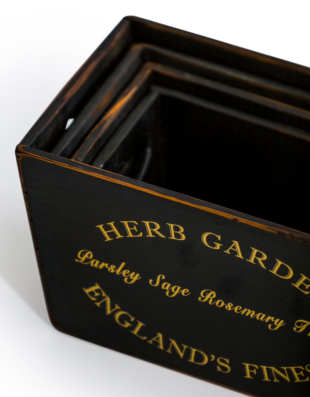 Set of 4 Antique Black Wooden 'Herb Garden' Planters / Storage Boxes - FC42