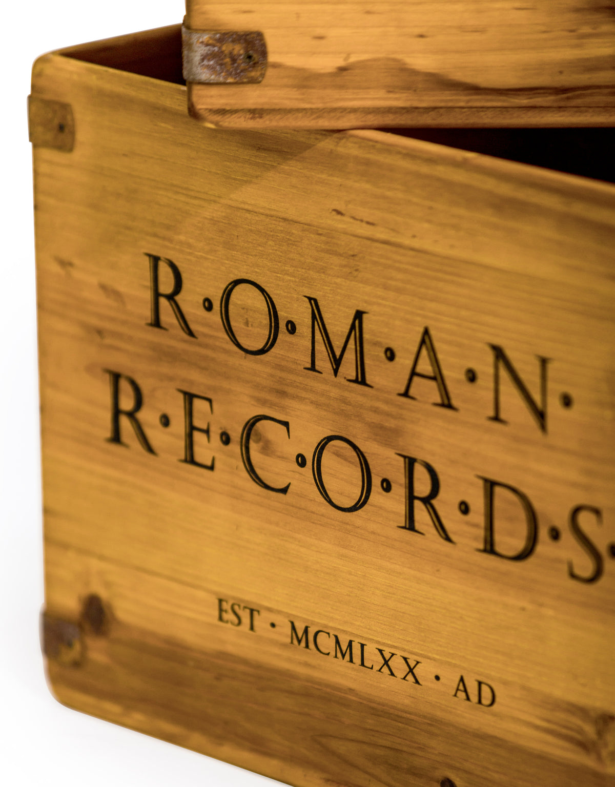 Set of 2 Antiqued Wooden "Roman Records" LP Record Storage Boxes - FC44