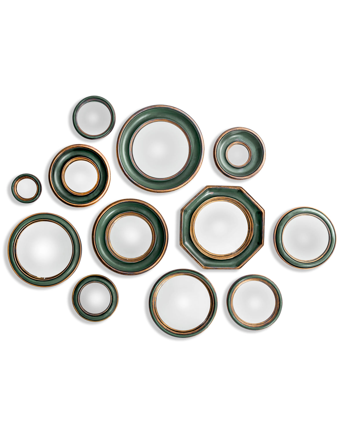 Set of 12 Assorted Antique Green / Gold Framed Convex Mirrors - MK159