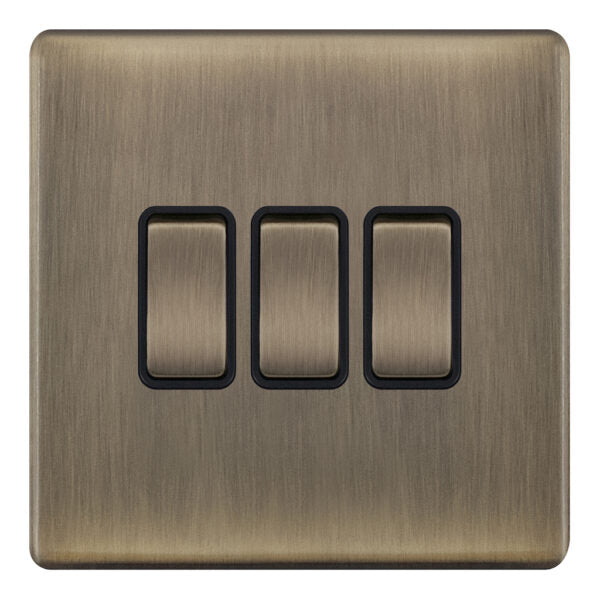 Selectric 5MPLUS-603 Antique Brass 3 Gang 10A 2 Way Switch with Black Insert