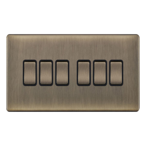 Selectric 5MPLUS-605 Antique Brass 6 Gang 10A 2 Way Switch with Black Insert