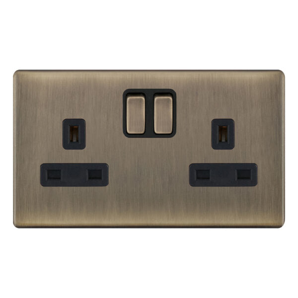 Selectric 5M-Plus Antique Brass 2 Gang 13A Switched Socket with Black Insert