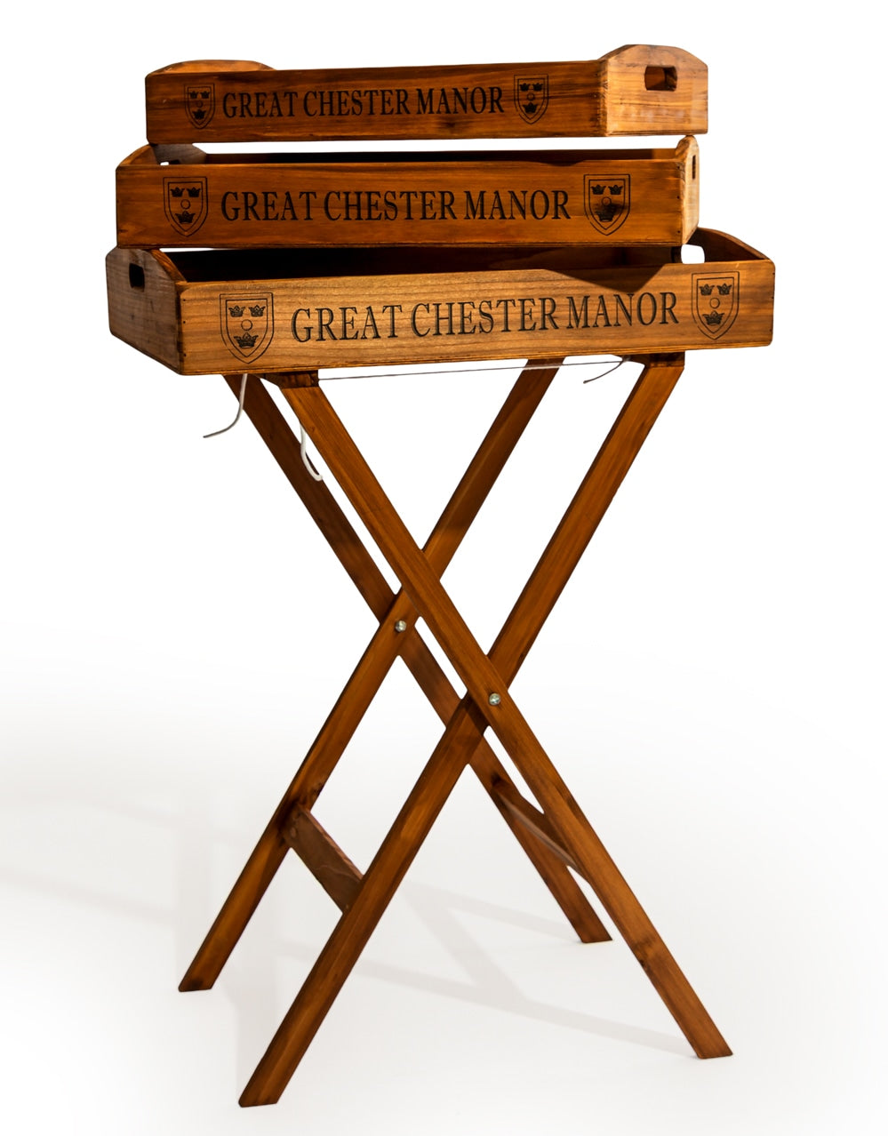 Set of 3 Antique Wooden "Great Chester Manor" Trays on Stand - FC47