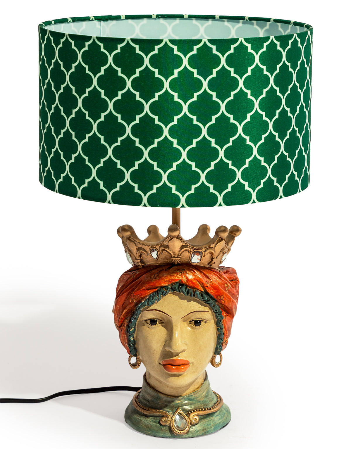 Sicilian Queen Moor Head Table Lamp w/ Green Pattern Shade - DVM67
