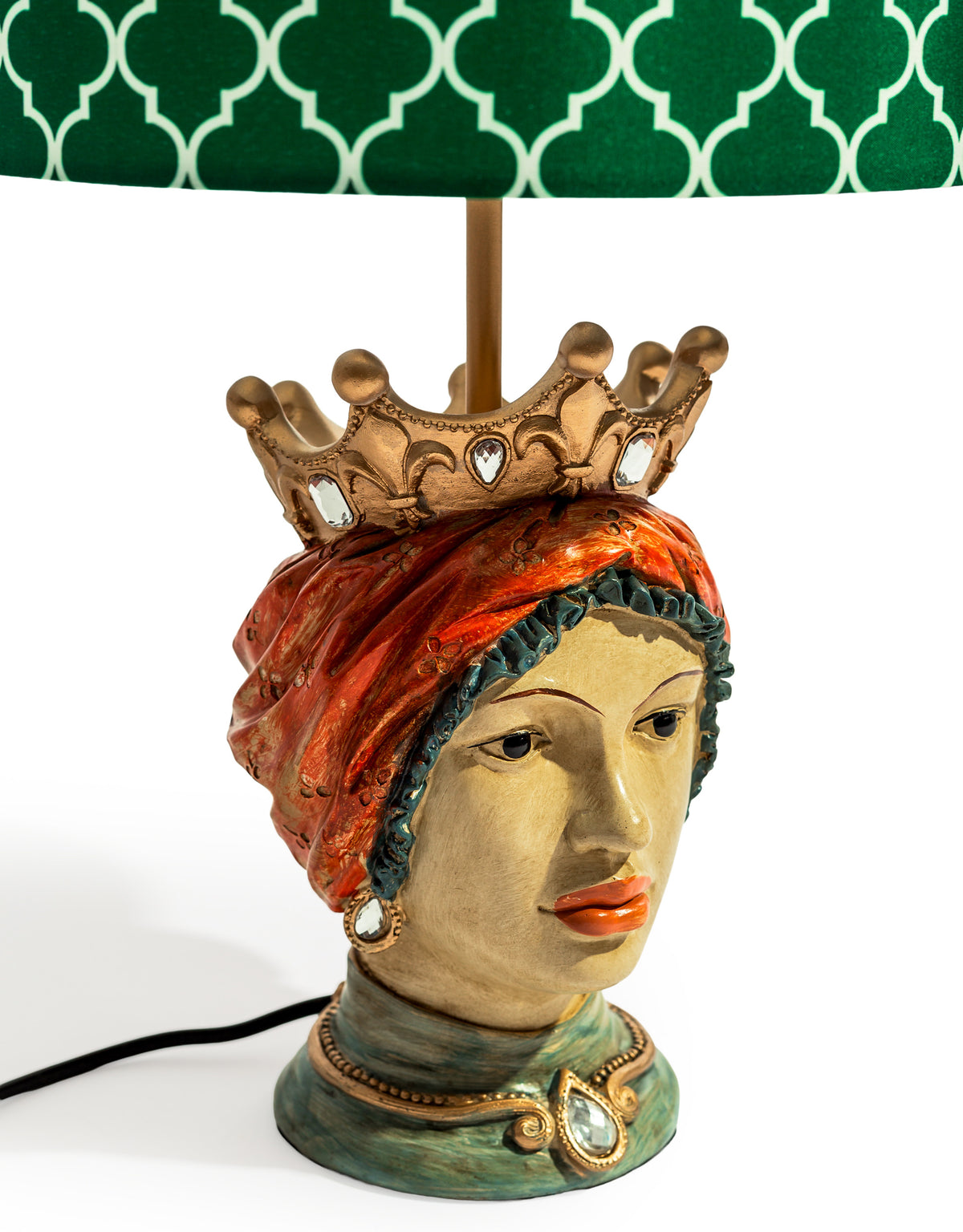 Sicilian Queen Moor Head Table Lamp w/ Green Pattern Shade - DVM67