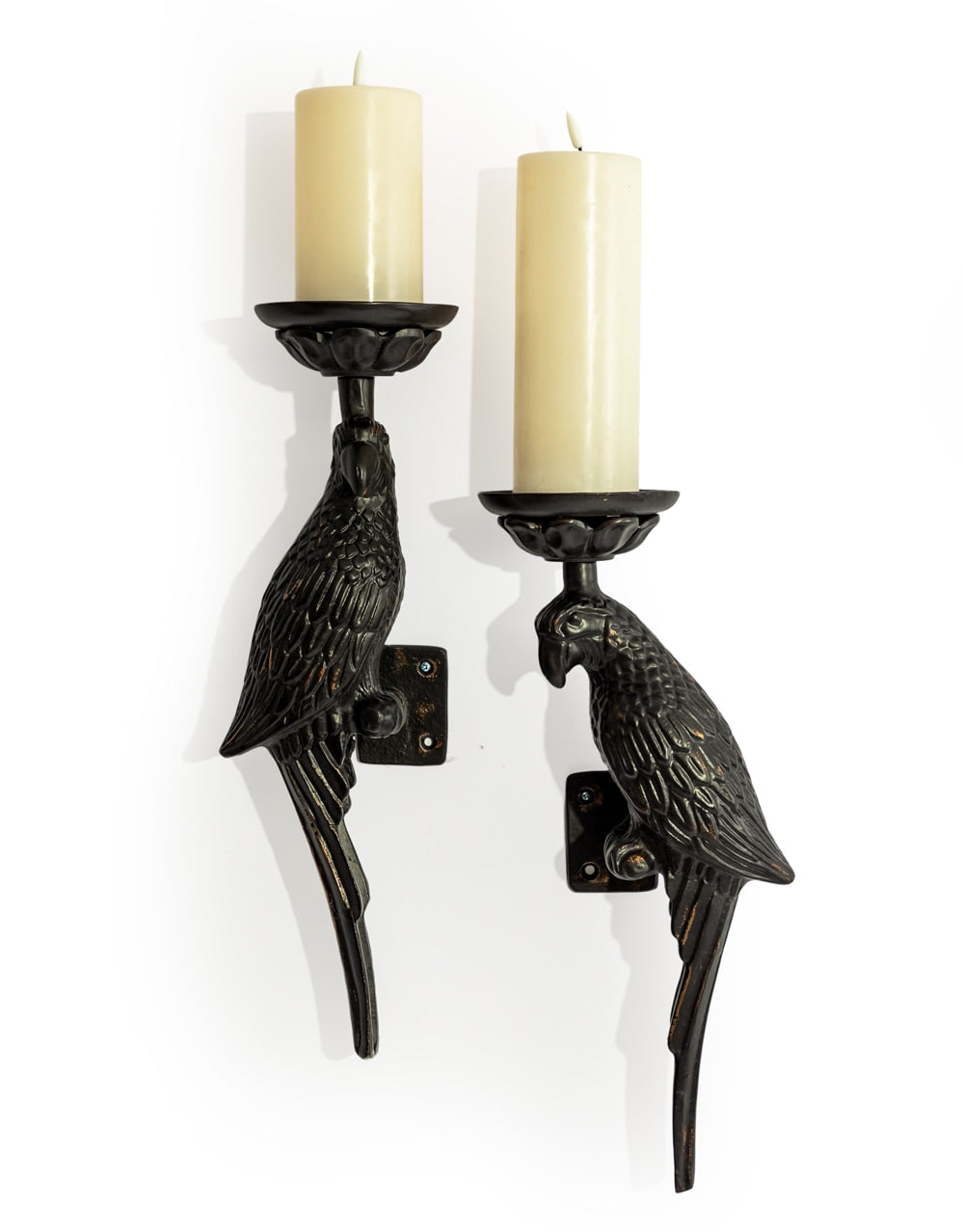 Pair of Large Distressed Black Metal Parrot Wall Sconces - AL181