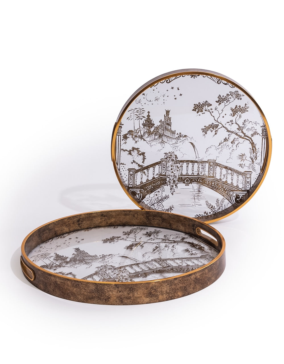 Set of 2 Dark Gold Oriental Garden Serving Trays - LUM22
