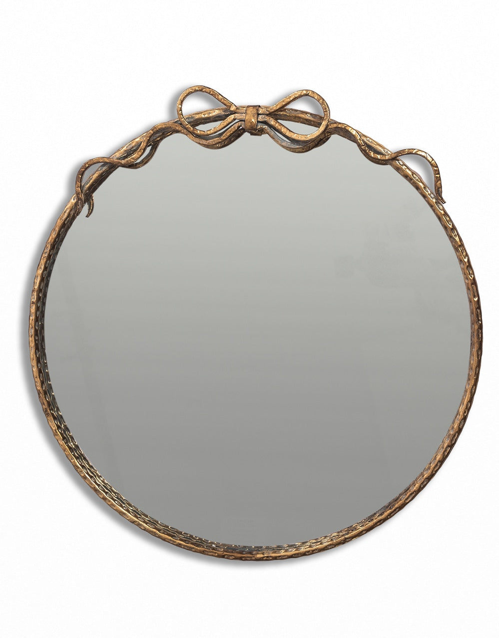 Large Round Gold Hammered Metal Wall Mirror w/ Bow - JHC20