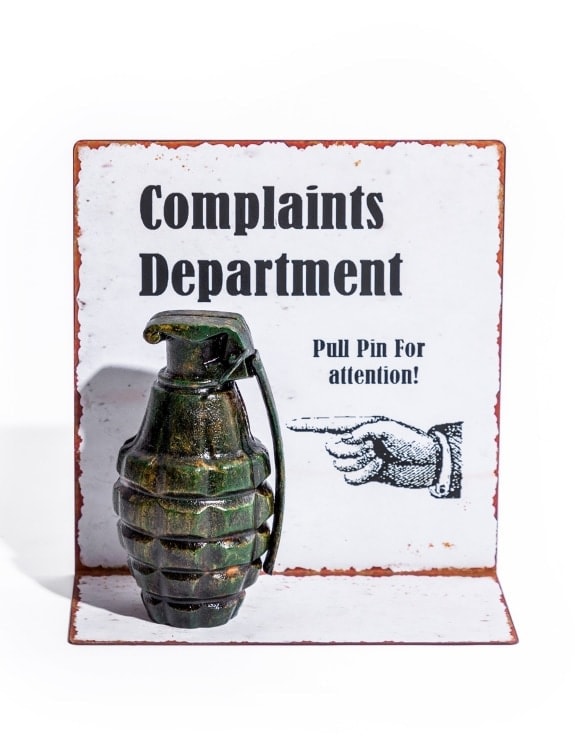 Grenade with "Complaints Department" Antiqued Metal Table Sign - ET364
