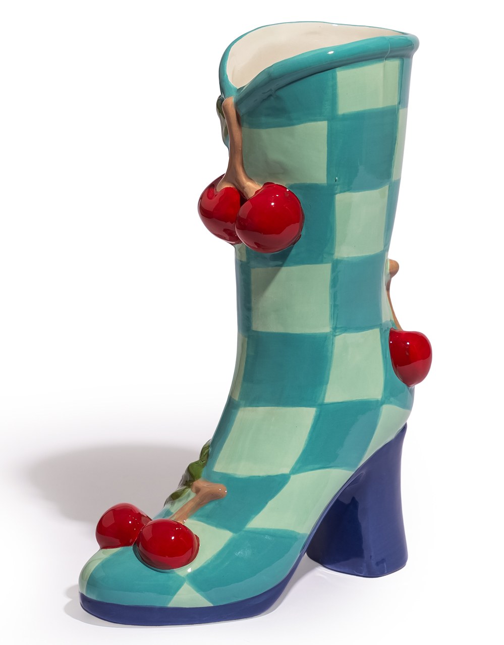 Large Blue Check w/ Cherries Ceramic Boot Vase - EGC19