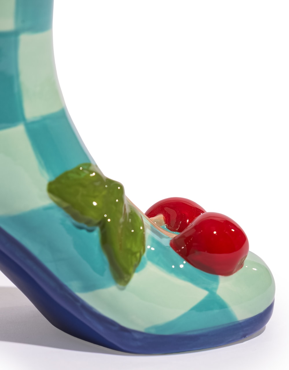 Large Blue Check w/ Cherries Ceramic Boot Vase - EGC19