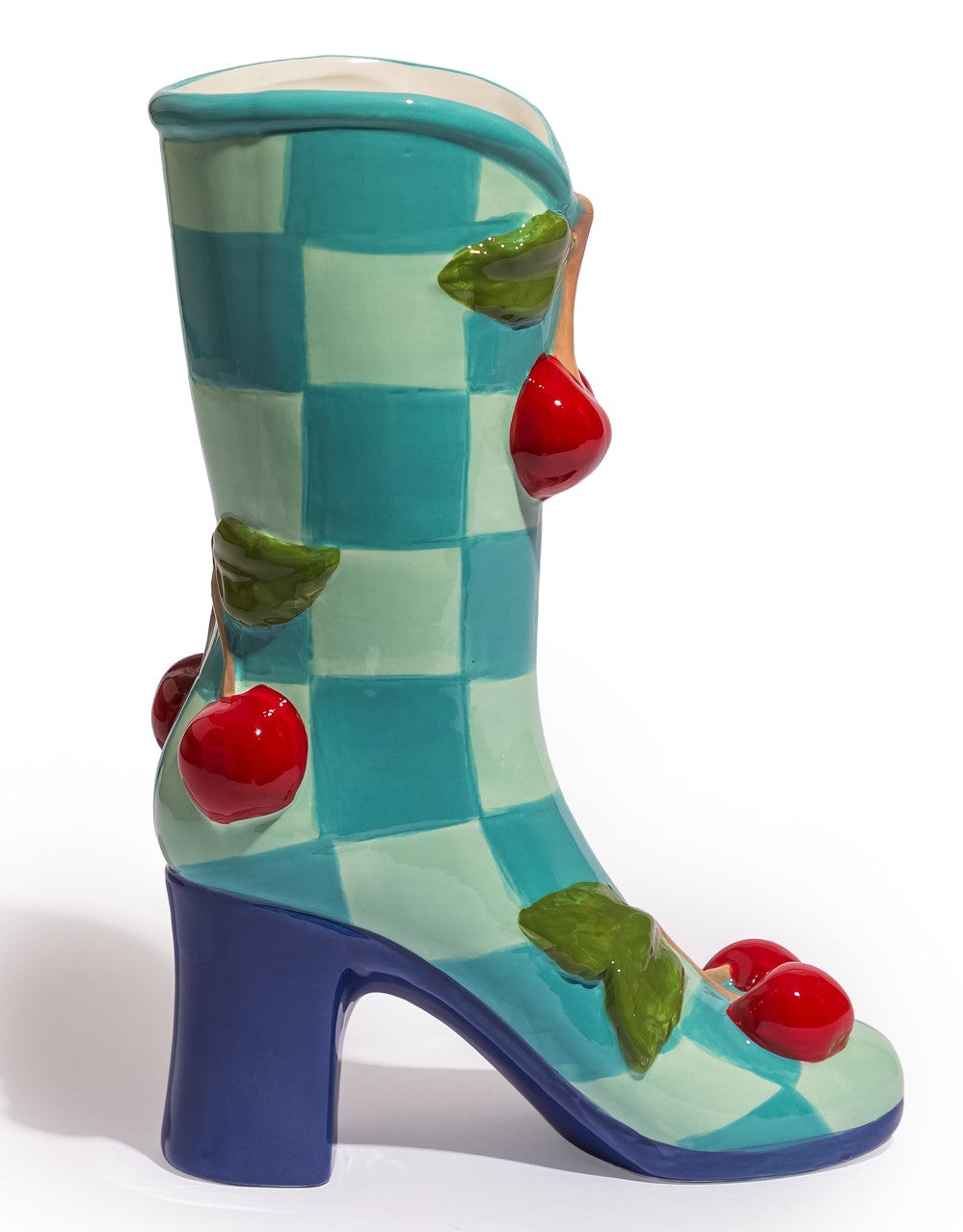 Large Blue Check w/ Cherries Ceramic Boot Vase - EGC19