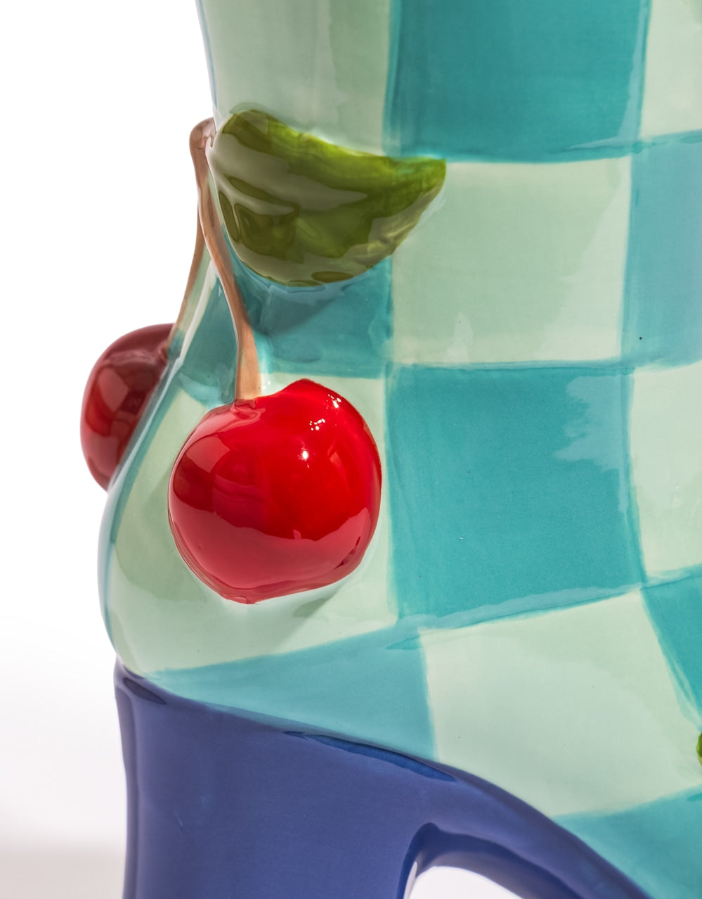 Large Blue Check w/ Cherries Ceramic Boot Vase - EGC19