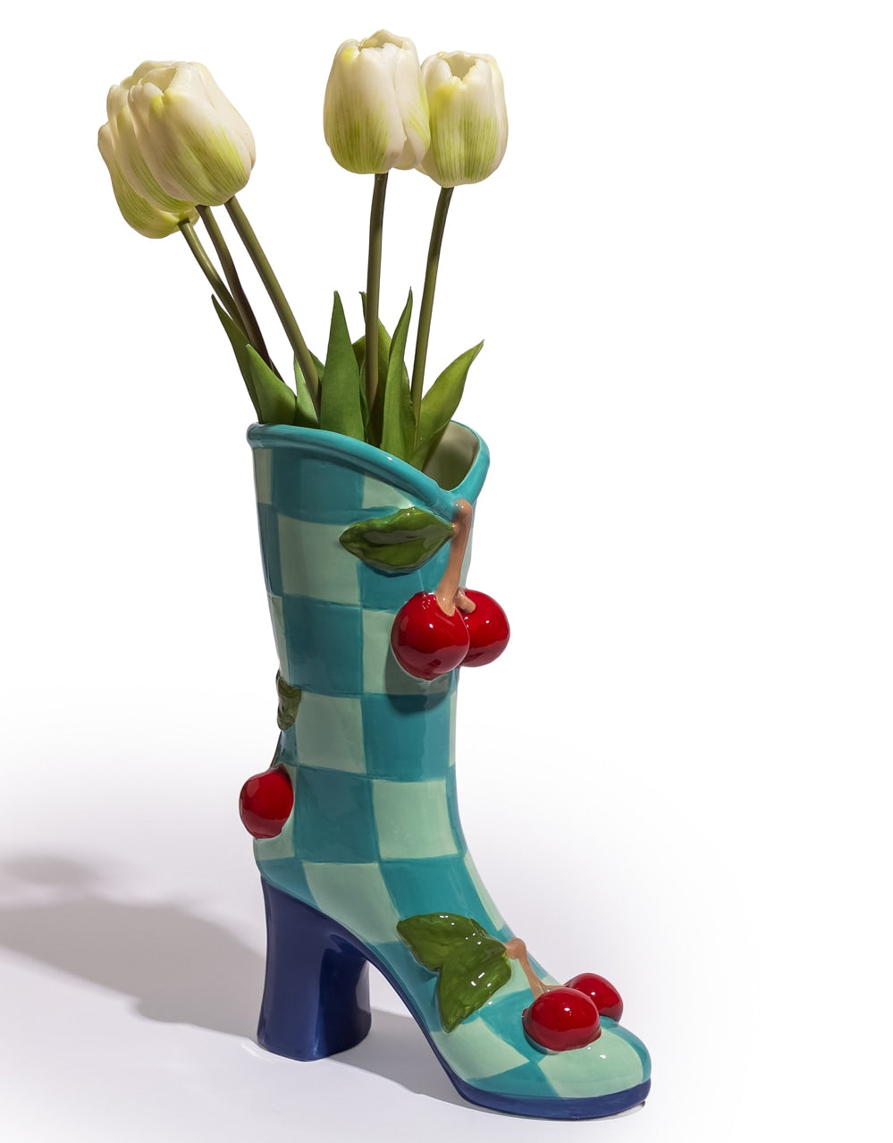 Large Blue Check w/ Cherries Ceramic Boot Vase - EGC19