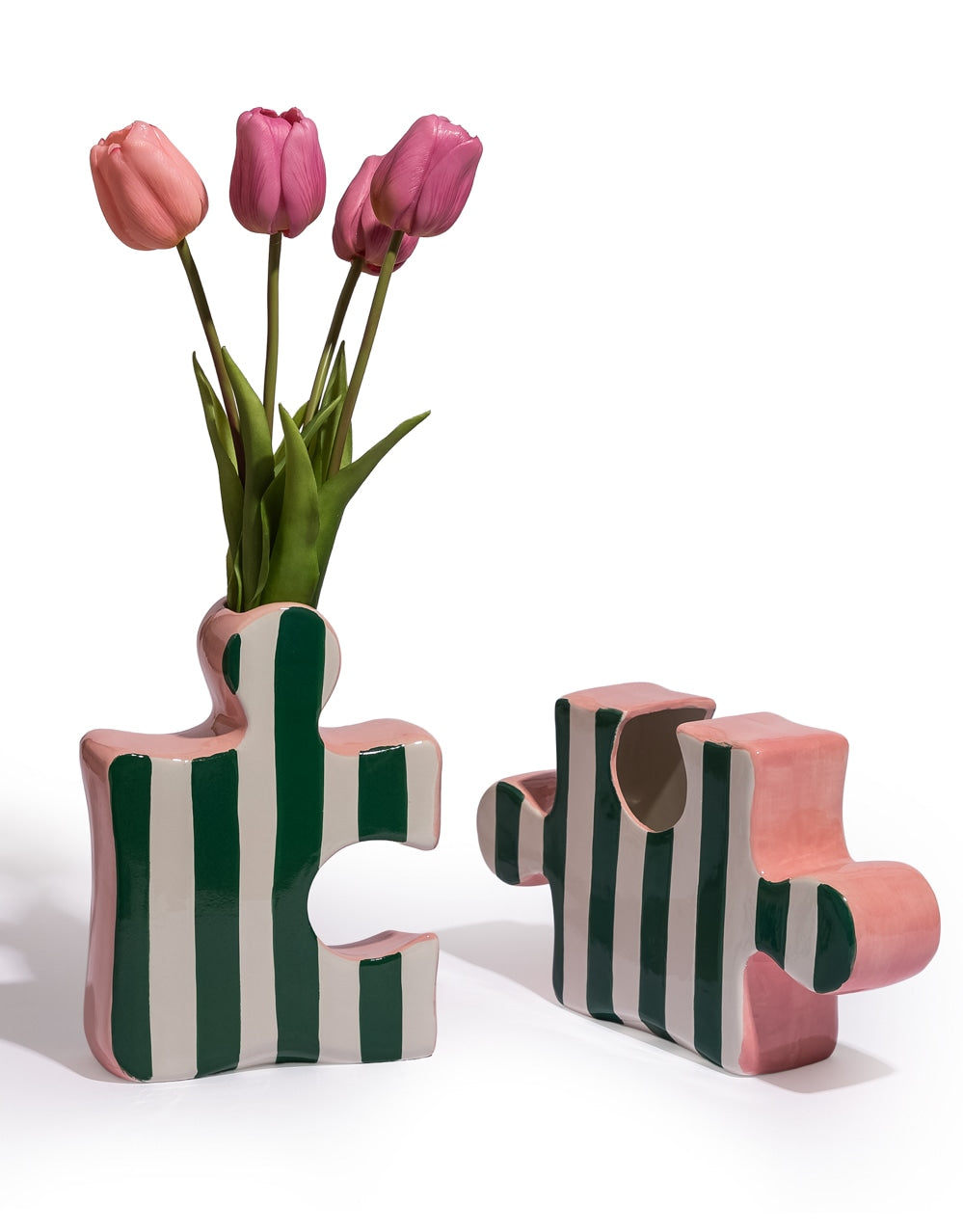 Set of 2 Green/White & Pink Ceramic Jigsaw Piece Vases - EGC26