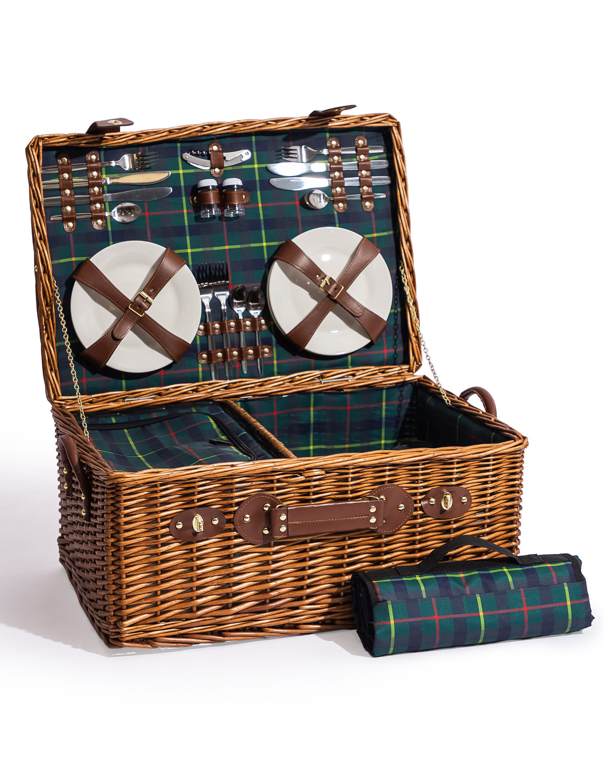 Luxury Tartan 4-Person Picnic Hamper w/ Leather Handles & Accessories - LPH10