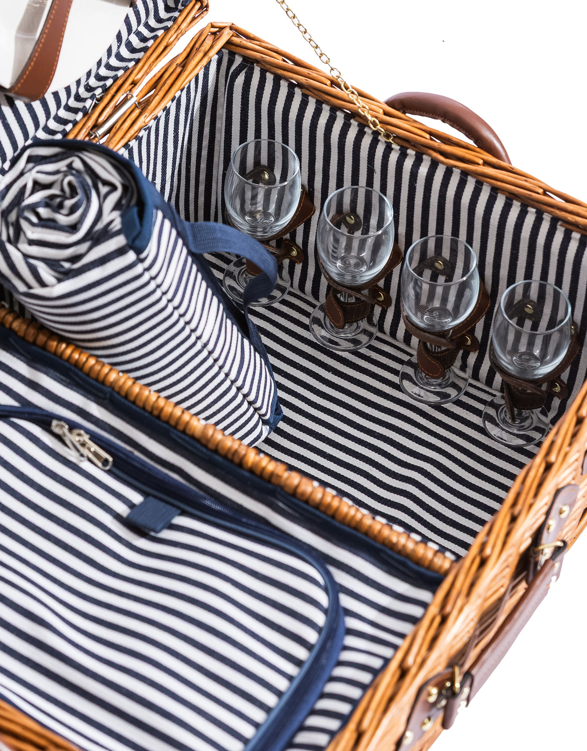 Luxury Pinstripe 4-Person Picnic Hamper w/ Leather Handles & Accessories - LPH11