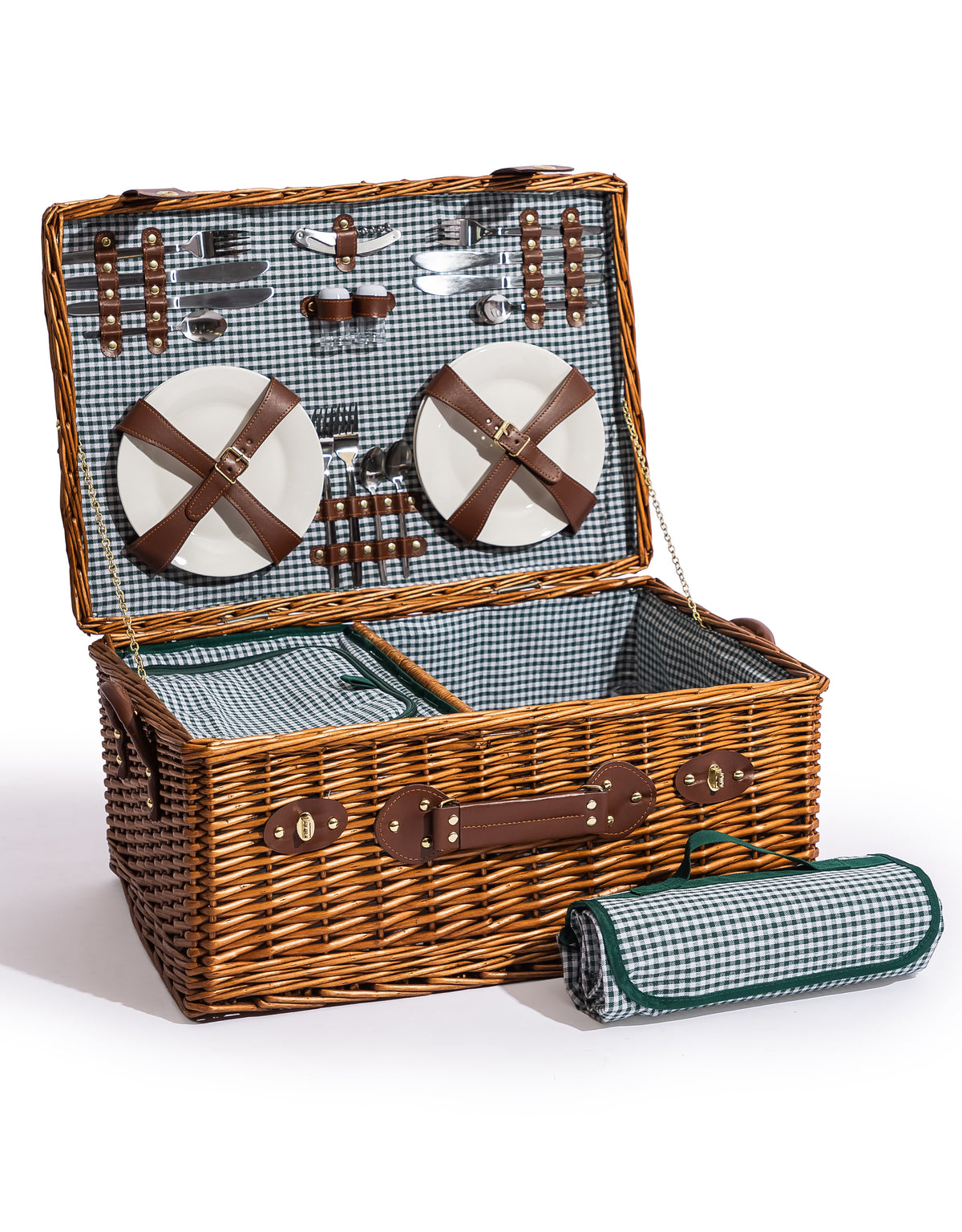 Luxury Gingham 4-Person Picnic Hamper w/ Leather Handles & Accessories - LPH12